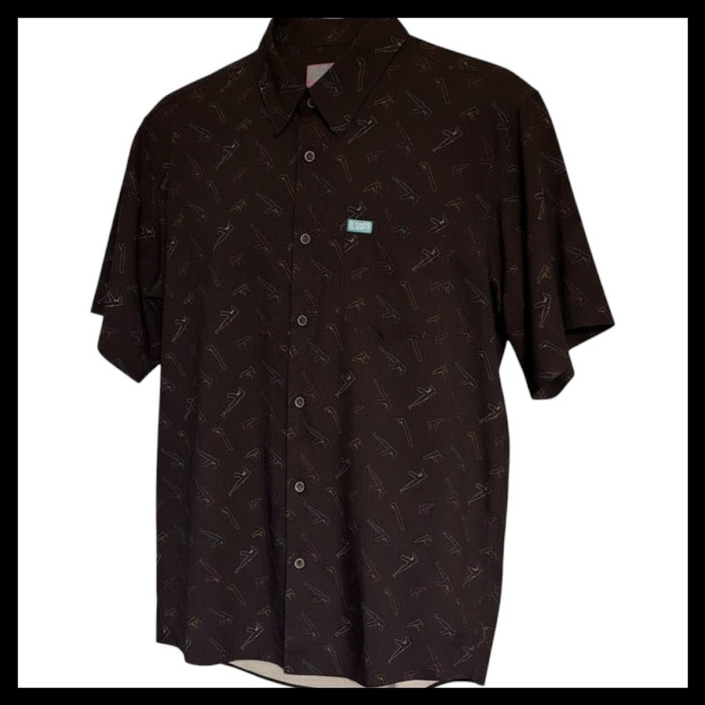 NWOT Dixxon Flannel Company Pew Pew Gun Print Short Sleeve Shirt Size L